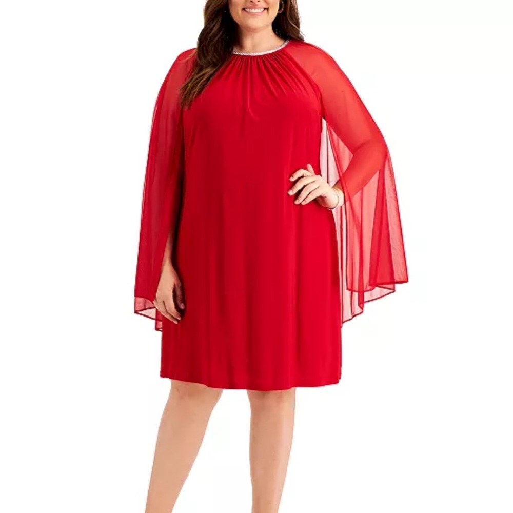 R&M Richards Red Chiffon Dress Rhinestone Neckline Sheer Capelet VALENTINE | 14
